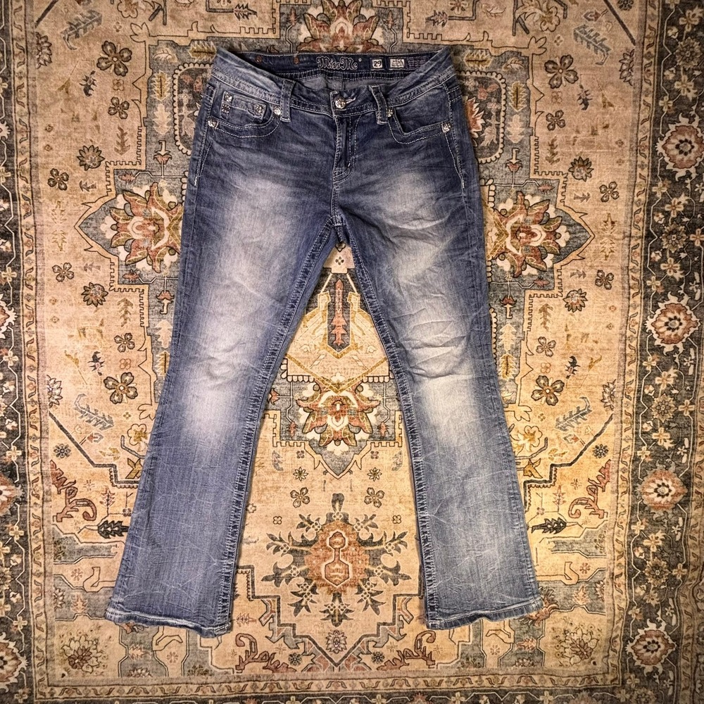 Y2K Miss Me Easy Boot Low Mid Rise Jeans Size 29 Medium Wash Embellished 2000s